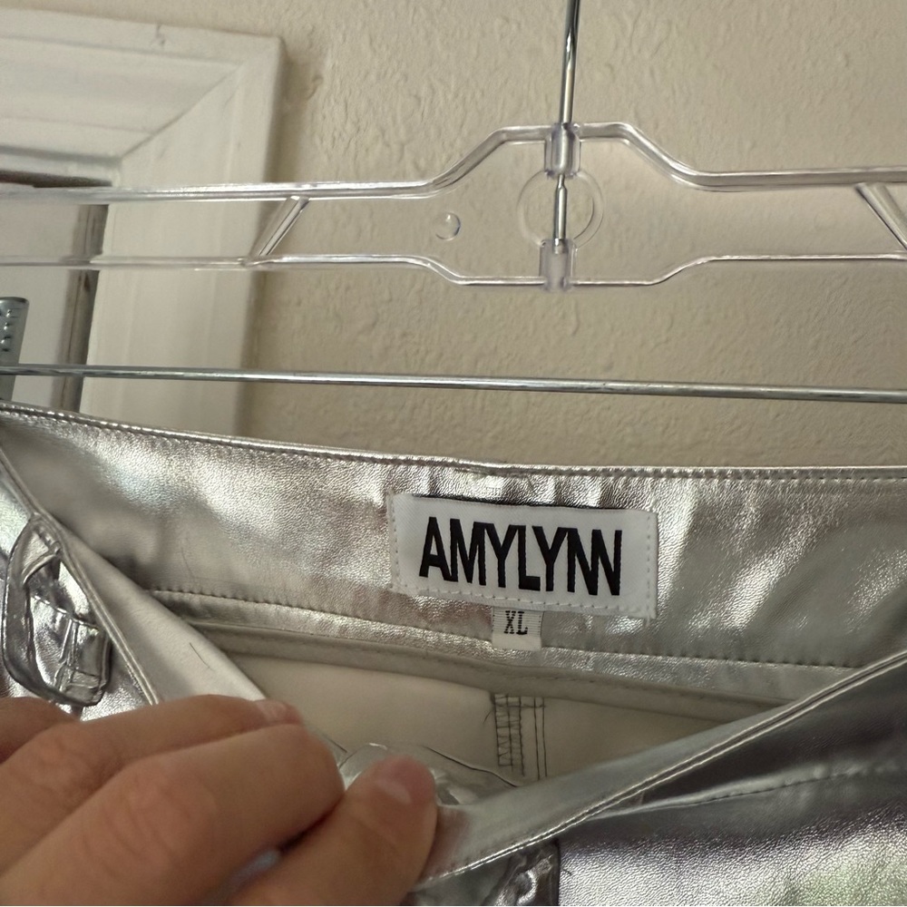 AMYLYNN silver metallic pu pleather faux leather cotton wide leg trousers pants - Picture 6 of 7